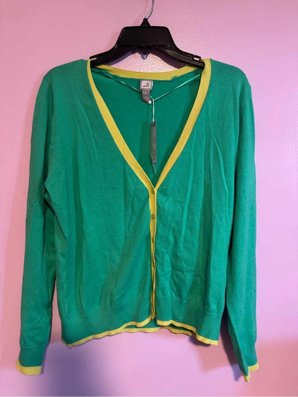 jcpenney Green Cardigan with Yellow Trim - Women's Sweater
